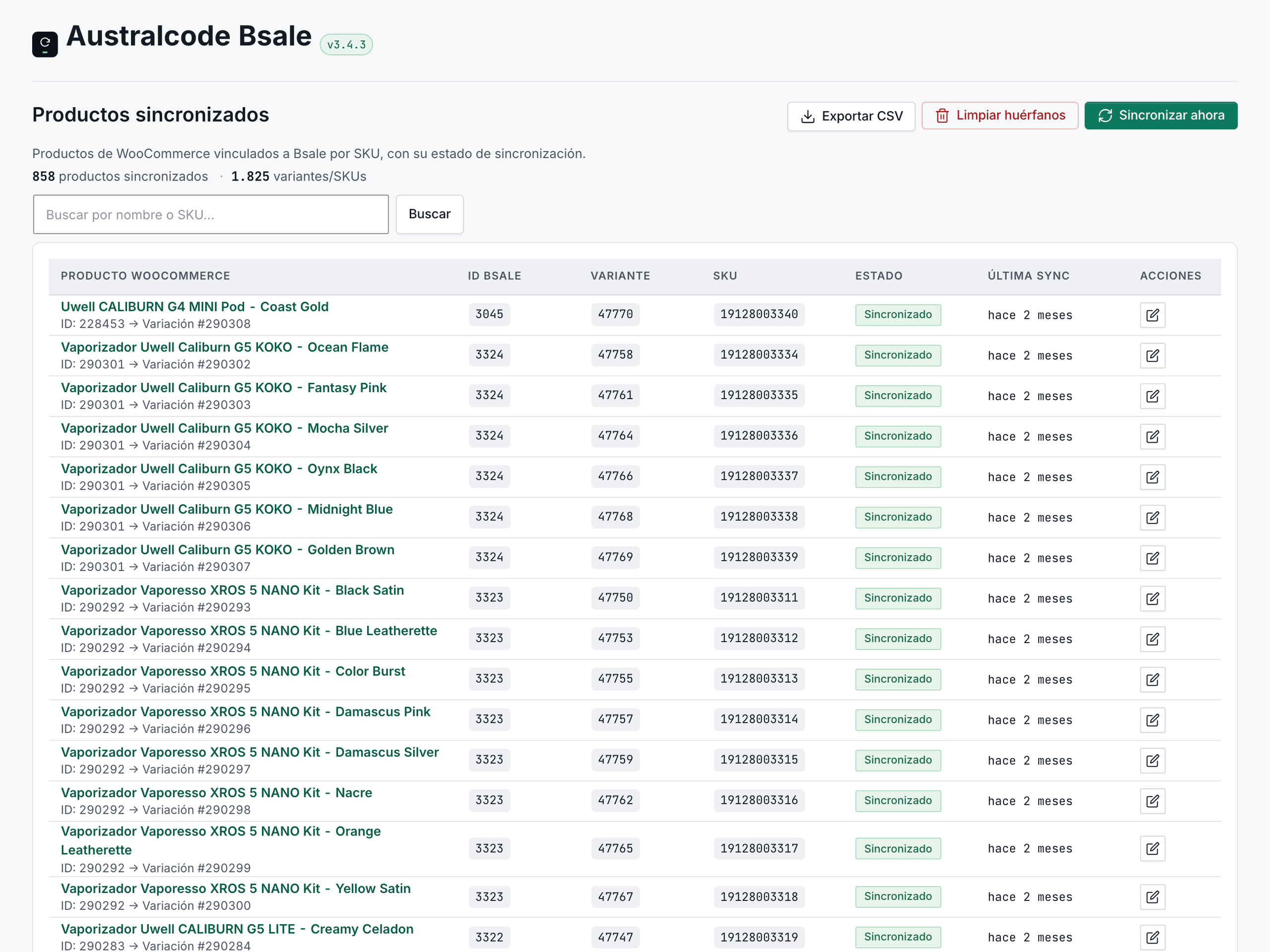 Pantalla de sincronización: productos mapeados por SKU entre WooCommerce y Bsale con su stock